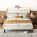 Queen Size Platform Bed Frame with Fabric Upholstered Headboard and Wooden Slats Support - Image 18