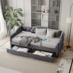 Upholstered Daybed with Storage Drawers, Wood Daybed Twin Size, No Box Spring Needed, Grey