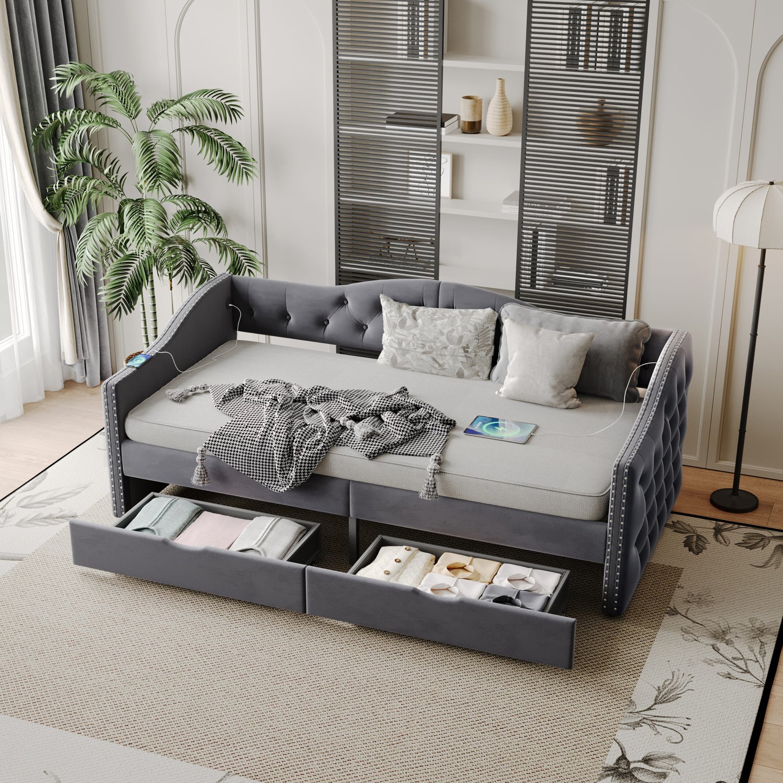 0da6dd8464bbaa5f31567be3ee56d5c9-scaled-1.jpg Upholstered Daybed with Storage Drawers, Wood Daybed Twin Size, No Box Spring Needed, Grey - Image 1