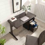 Home office desk with modesty panel and detached file cabinet on locking wheels with two drawers file drawer cubby shelf metal bar handle Red Cocoa color - Image 6