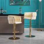 Set of 2 Bar Stools,with Chrome Footrest and Base Swivel Height Adjustable Mechanical Lifting Velvet + Golden Leg Simple Bar Stoo,Ivory - Image 5