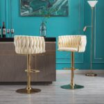 Set of 2 Bar Stools,with Chrome Footrest and Base Swivel Height Adjustable Mechanical Lifting Velvet + Golden Leg Simple Bar Stoo,Ivory - Image 3
