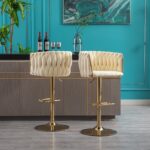 Set of 2 Bar Stools,with Chrome Footrest and Base Swivel Height Adjustable Mechanical Lifting Velvet + Golden Leg Simple Bar Stoo,Ivory - Image 12