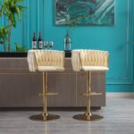 Set of 2 Bar Stools,with Chrome Footrest and Base Swivel Height Adjustable Mechanical Lifting Velvet + Golden Leg Simple Bar Stoo,Ivory - Image 16