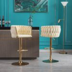 Set of 2 Bar Stools,with Chrome Footrest and Base Swivel Height Adjustable Mechanical Lifting Velvet + Golden Leg Simple Bar Stoo,Ivory - Image 17