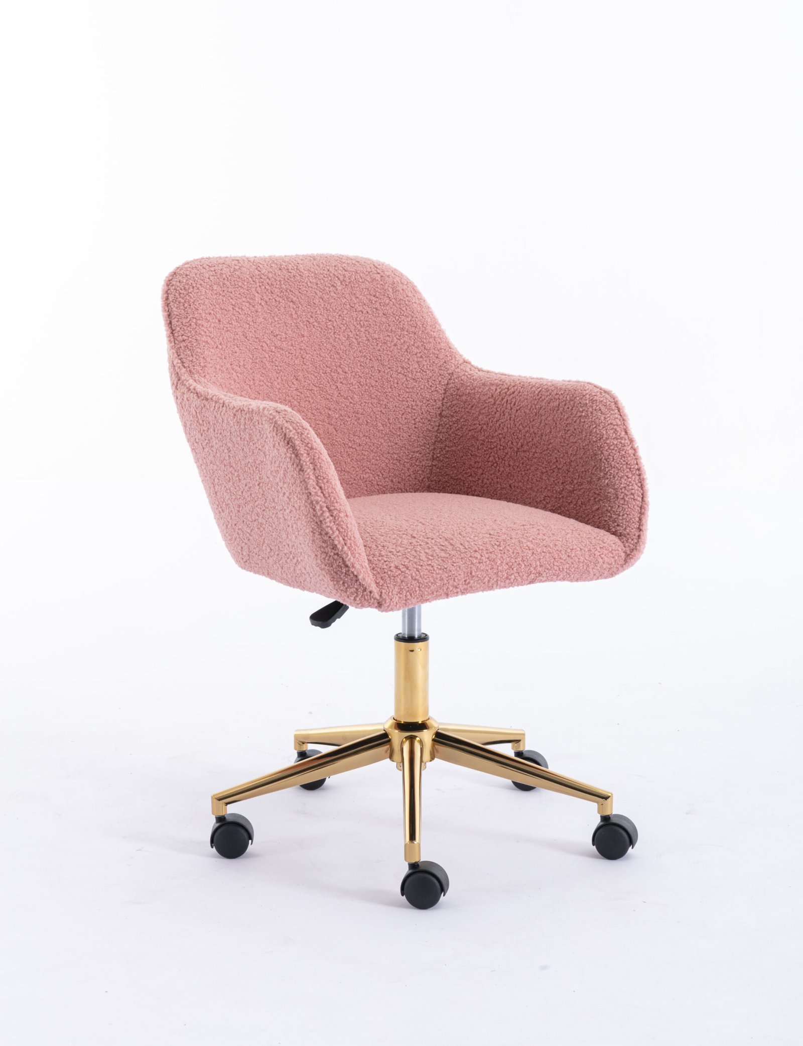 20230113_c0858d98d8fe265ee66456d16ec537b0-scaled-1.jpg Modern Teddy Fabric Material Adjustable Height 360 Revolving Home Office Chair With Gold Metal Legs And Universal Wheel For Indoor,Pink - Image 1