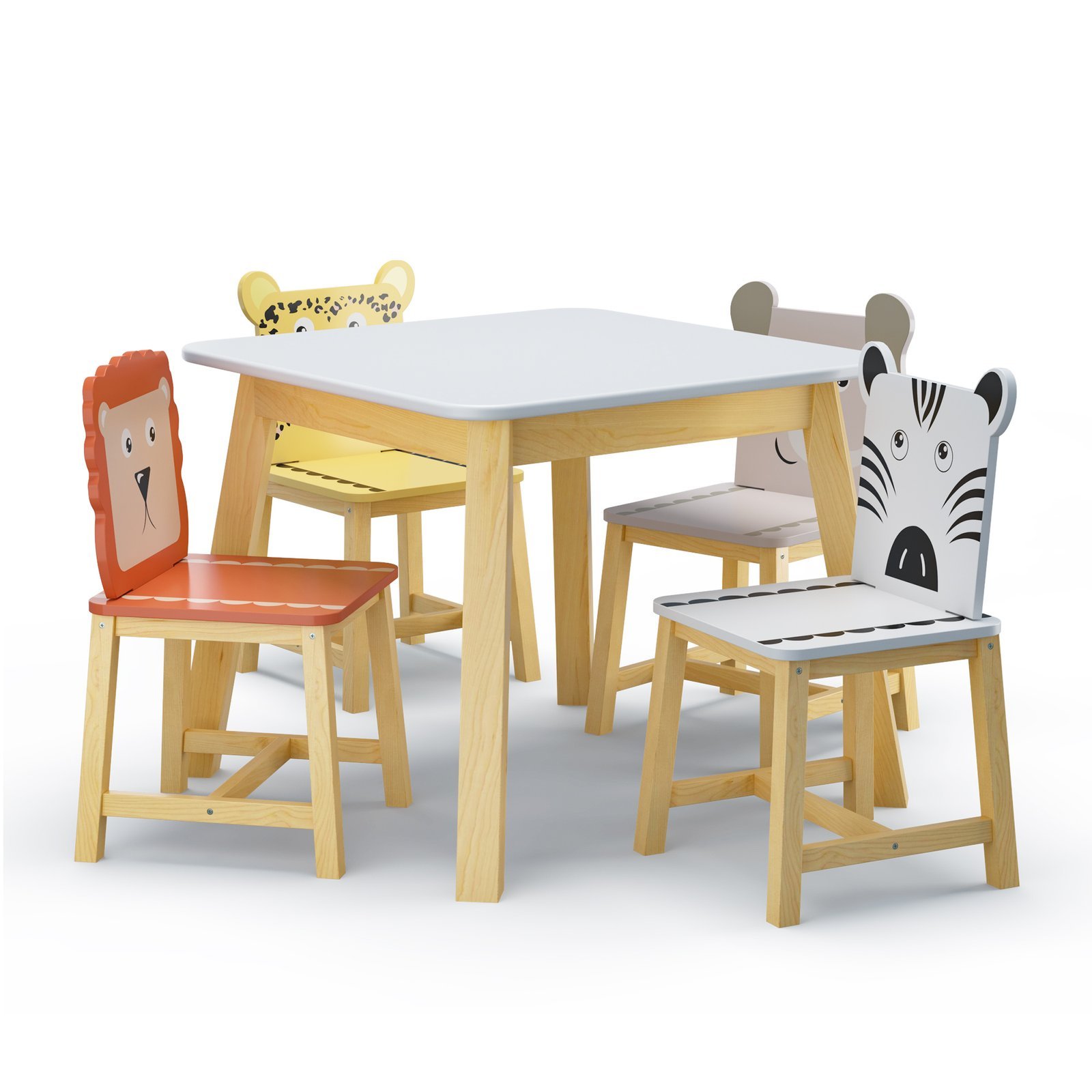 20230130_0e0f031ff098327afd6a0acc51e929ce.jpg 5 Piece Kiddy Table and Chair Set , Kids Wood Table with 4 Chairs Set Cartoon Animals (bigger table) (3-8 years old) - Image 1
