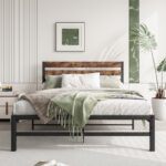 Full Size Platform Bed Frame with Rustic Vintage Wood Headboard, Strong Metal Slats Support Mattress Foundation, No Box Spring Needed Rustic Brown