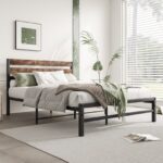 Full Size Platform Bed Frame with Rustic Vintage Wood Headboard, Strong Metal Slats Support Mattress Foundation, No Box Spring Needed Rustic Brown - Image 4