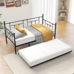 Twin Size Daybed Metal Frame with Trundle Set, Twin Day Bed Sofa, Daybed and Roll Sofa Bed for Guest Room, Bedroom, Living Room, Victorian Style, Black - Image 4