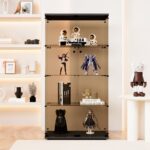 Two-door Tawny Glass Display Cabinet 4 Shelves with Door, Floor Standing Curio Bookshelf for Living Room Bedroom Office, 64.7"*31.7"*14.3",Black - Image 4