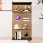 Two-door Tawny Glass Display Cabinet 4 Shelves with Door, Floor Standing Curio Bookshelf for Living Room Bedroom Office, 64.7"*31.7"*14.3",Black - Image 5