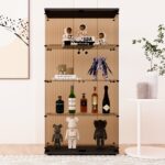 Two-door Tawny Glass Display Cabinet 4 Shelves with Door, Floor Standing Curio Bookshelf for Living Room Bedroom Office, 64.7"*31.7"*14.3",Black - Image 6