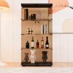 Two-door Tawny Glass Display Cabinet 4 Shelves with Door, Floor Standing Curio Bookshelf for Living Room Bedroom Office, 64.7"*31.7"*14.3",Black - Image 3