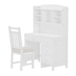 Vintage 40'' Home Executive Desk and Upholstered Chair Set with Bookshelf, Computer Desk with Four Drawers, Storage Shelf, and Chair, Ideal for Office or Study in Bedroom or Living Room,White - Image 8