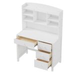 Vintage 40'' Home Executive Desk and Upholstered Chair Set with Bookshelf, Computer Desk with Four Drawers, Storage Shelf, and Chair, Ideal for Office or Study in Bedroom or Living Room,White - Image 3