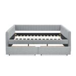 Queen Size Daybed with Two Drawers Trundle Upholstered Sofa Bed, with Vertical Stripes Linen Fabric, Grey (86.5"x65"x30") - Image 7