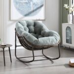 Outdoor Rattan Rocking Chair,Padded Cushion Rocker Recliner Chair Outdoor for Front Porch, Living Room, Patio, Garden, Light Green - Image 4