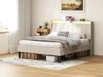 Queen Size Platform Bed Frame with Fabric Upholstered Headboard and Wooden Slats Support - Image 4