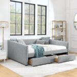 Queen Size Daybed with Two Drawers Trundle Upholstered Sofa Bed, with Vertical Stripes Linen Fabric, Grey (86.5"x65"x30") - Image 14