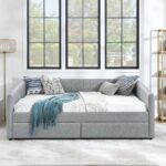 Queen Size Daybed with Two Drawers Trundle Upholstered Sofa Bed, with Vertical Stripes Linen Fabric, Grey (86.5"x65"x30") - Image 12