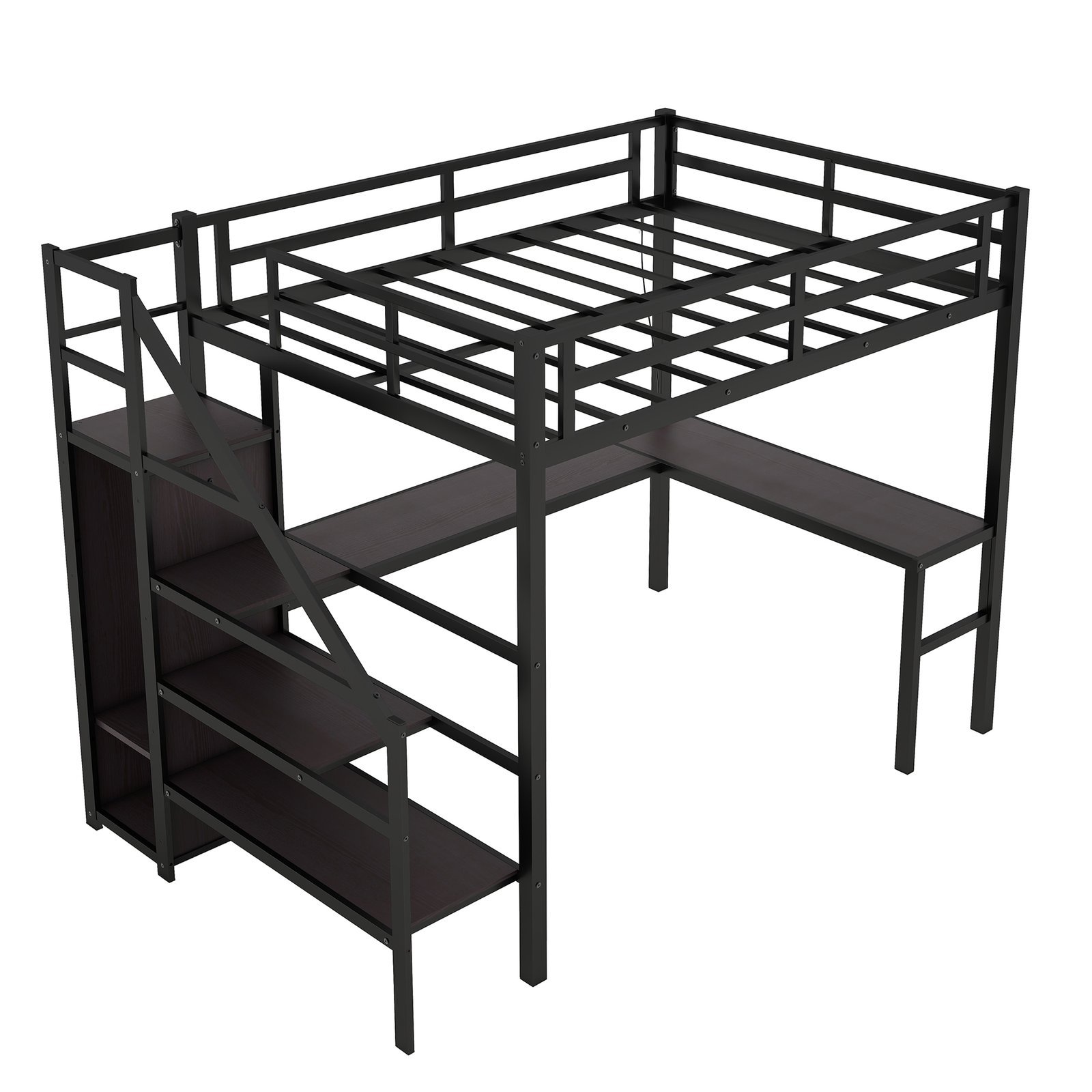 48179c374e7f594146eeb51d48d7320a.jpg Twin XL Size Loft Bed with L-shaped Desk and USB, Metal Loft Bed with Wardrobe and Adjustable Shelf, High Loft Bed with LED for Kids Teens Adults, Black - Image 1