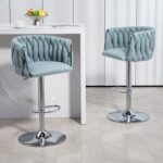 360° Fabric cover Swivel Bar Stools Set of 2, Adjustable Counter Height Bar Chairs with Woven Back & Footrest, Silver chromed Bar Stools for Kitchen Island, Cafe, Pub (BLUE) - Image 6