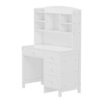 Vintage 40'' Home Executive Desk and Upholstered Chair Set with Bookshelf, Computer Desk with Four Drawers, Storage Shelf, and Chair, Ideal for Office or Study in Bedroom or Living Room,White - Image 14