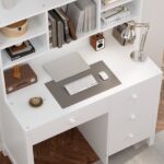 Vintage 40'' Home Executive Desk and Upholstered Chair Set with Bookshelf, Computer Desk with Four Drawers, Storage Shelf, and Chair, Ideal for Office or Study in Bedroom or Living Room,White - Image 5