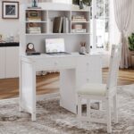 Vintage 40'' Home Executive Desk and Upholstered Chair Set with Bookshelf, Computer Desk with Four Drawers, Storage Shelf, and Chair, Ideal for Office or Study in Bedroom or Living Room,White - Image 7