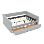 Queen Size Daybed with Two Drawers Trundle Upholstered Sofa Bed, with Vertical Stripes Linen Fabric, Grey (86.5"x65"x30") - Image 4