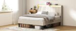 Queen Size Platform Bed Frame with Fabric Upholstered Headboard and Wooden Slats Support - Image 8