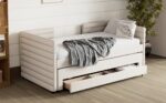 Twin Size Upholstered Daybed with Trundle and 3 Storage Drawers, Short-haired Linen Fabric Sofa Bed for Guest Room, Living Room, Space-Saving Modern Day Bed Frame, No Box Spring Needed, Beig - Image 6