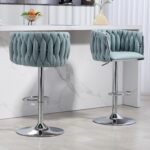 360° Fabric cover Swivel Bar Stools Set of 2, Adjustable Counter Height Bar Chairs with Woven Back & Footrest, Silver chromed Bar Stools for Kitchen Island, Cafe, Pub (BLUE) - Image 3