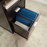 Home office desk with modesty panel and detached file cabinet on locking wheels with two drawers file drawer cubby shelf metal bar handle Red Cocoa color - Image 2