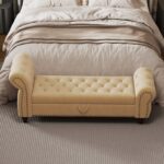 64.5" Bed Bench for Bed Room Nails Tufted Chaise of Lounge with Storage Velvet Upholstery Khaki - Image 2
