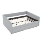 Queen Size Daybed with Two Drawers Trundle Upholstered Sofa Bed, with Vertical Stripes Linen Fabric, Grey (86.5"x65"x30") - Image 6