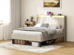 Queen Size Platform Bed Frame with Fabric Upholstered Headboard and Wooden Slats Support - Image 21