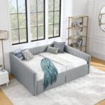 Queen Size Daybed with Two Drawers Trundle Upholstered Sofa Bed, with Vertical Stripes Linen Fabric, Grey (86.5"x65"x30") - Image 15