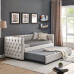 Daybed with Trundle Upholstered Tufted Sofa Bed, with Button and Copper Nail on Square Arms,both Twin Size, Beige(85"x42.5"x31.5") - Image 3