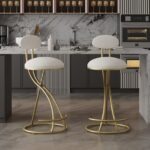 Round Bar Stool Armless Velvet Barstools with Back Set of 2 Upholstered Counter Chair for Dining Room, Kitchen Island (Gold & Creamy White) - Image 3