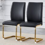 Luxury Simple Arch Chair - Set of 2 BLACK PU Material High Resilience Dining Chair with Arched Metal Gold Leg - Image 3