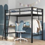 Twin Metal Loft Bed with L-Shaped Desk, Charging Station Loft Bed Frame Twin Size, Safety Guard & Ladder, No Box Spring Needed