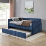 BLUE UPHOLSTERED TWIN SIZE DAYBED WITH TRUNDLE, VELVET FABRIC, NO BOX SPRING REQUIRED, COMFORTABLE AND SIMPLE DESIGN MODELS - Image 2