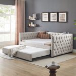 Daybed with Trundle Upholstered Tufted Sofa Bed, with Button and Copper Nail on Square Arms,Full Daybed & Twin Trundle, Beige(85"x57"x31.5") - Image 3