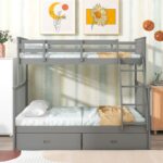 Twin Over Full Bunk Bed with Storage Drawers, Wooden Bunk Bed with Ladder and Safety Guard Rails –Gray - Image 3