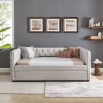 Daybed with Trundle Upholstered Tufted Sofa Bed, with Button and Copper Nail on Square Arms,Full Daybed & Twin Trundle, Beige(85"x57"x31.5") - Image 4