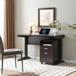 Home office desk with modesty panel and detached file cabinet on locking wheels with two drawers file drawer cubby shelf metal bar handle Red Cocoa color - Image 13
