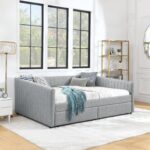 Queen Size Daybed with Two Drawers Trundle Upholstered Sofa Bed, with Vertical Stripes Linen Fabric, Grey (86.5"x65"x30") - Image 16