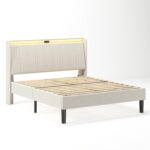 Queen Size Platform Bed Frame with Fabric Upholstered Headboard and Wooden Slats Support